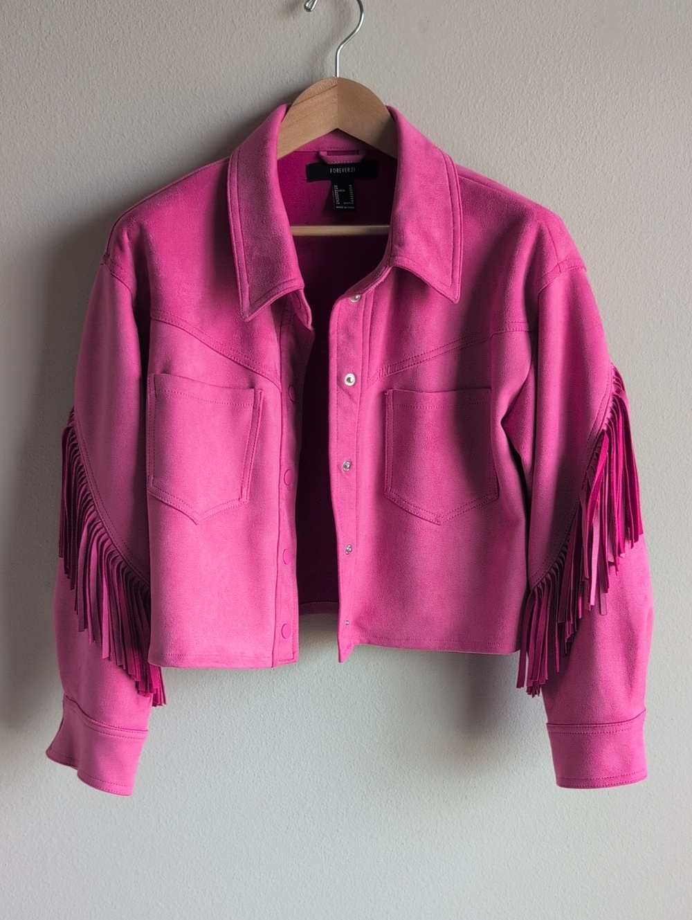 Hot Pink Faux Suede Cropped Fringe Jacket, Size M